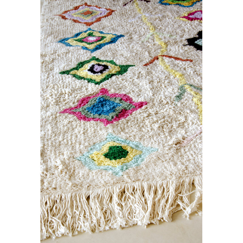 Kaarol Hand Tufted Cotton Moroccan Area Rug in Beige/Orange/Yellow/Navy, Rectangle 5'7" x 8'