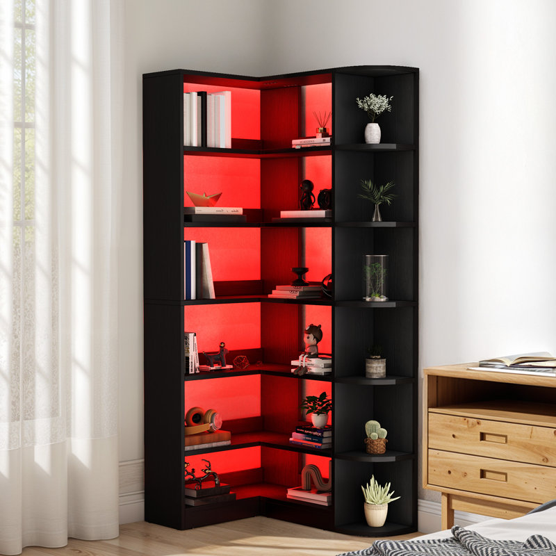 Bibliothèque de coin en forme de L avec éclairage à DEL et éclairage à 6 niveaux, Noir, noir, noir, noir