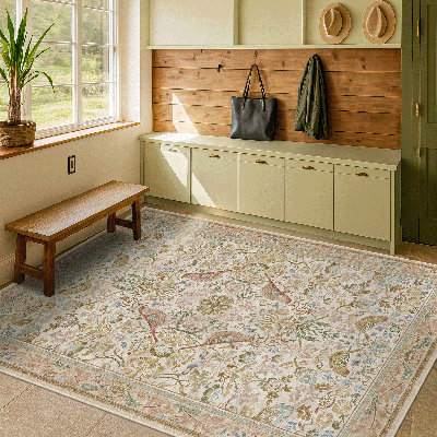Tapis botanique 5x7 - Tapis lavable à motif floral vintage pour salon, salle à manger, chambre, style antique traditionnel, motif oiseaux et feuilles, antidérapant à poils courts (beige)