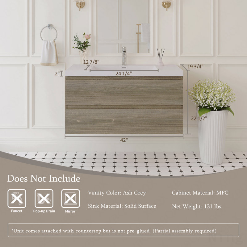 Meuble-lavabo flottant 42 po avec lavabo, meuble de rangement mural moderne, lavabo à surface solide, tiroirs à fermeture en douceur 42 po