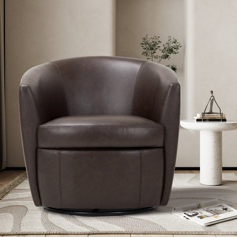 Leather Upholstered Swivel Barrel Chair—No Assembly Required, Chocolate Faux Leather