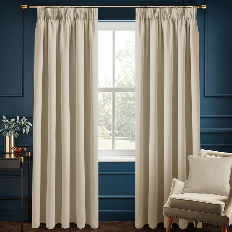 Moncear 100% Polyester Blackout Pencil Pleat Room Darkening 230 GSM Curtains (Set of 2), 228cm Width x 183cm Drop, Cream