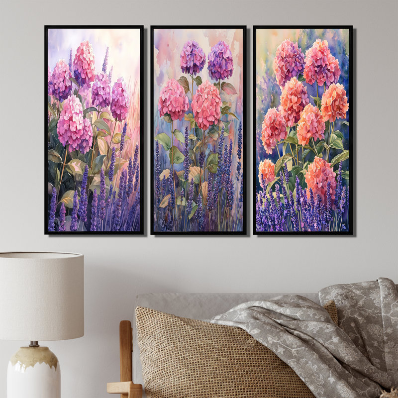 Hortensias dans un champ de lavande I - Collection de décorations murales Hydrangea, H 40 po x l 60 po, Noir
