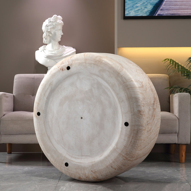 Table basse ronde en oxyde de magnésium imitation travertin, profil bas, beige, aucun assemblage requis, idéale pour le salon et la terrasse couverte. Décoration intérieure.
