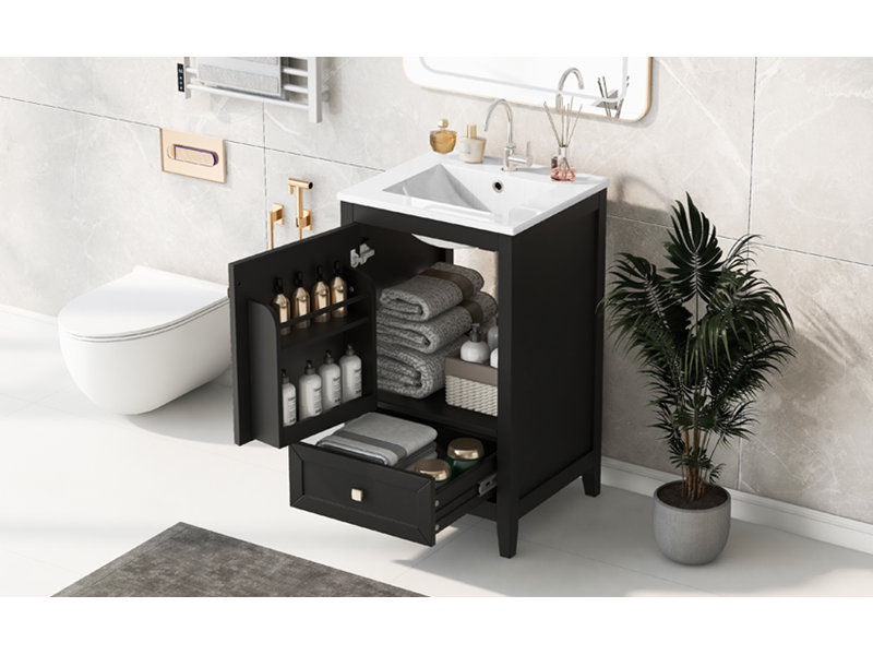 Meuble-lavabo moderne 20 po avec lavabo en céramique et portes à fermeture douce Jettyn, Noir, Porte de gauche