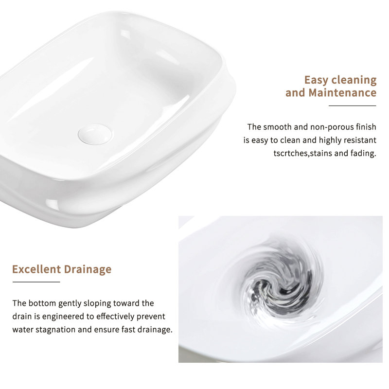 Modern Rectangular Ceramic Vessel Sink - 23.6"×16.9" Textured Bas Relief Design, No Faucet Hole, Gloss White Bathroom Basin N0 Drain (5.3" Height)
