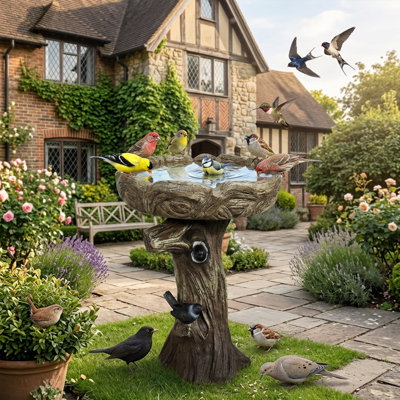 23 Inch High Freestanding Trunk Like Concrete Bird Bath with Decorative Faux Bird – Bird Feeding Bowl Rustic & Long-Lasting Design, Enhances Garden, Patio, Yard, Lawn Decor