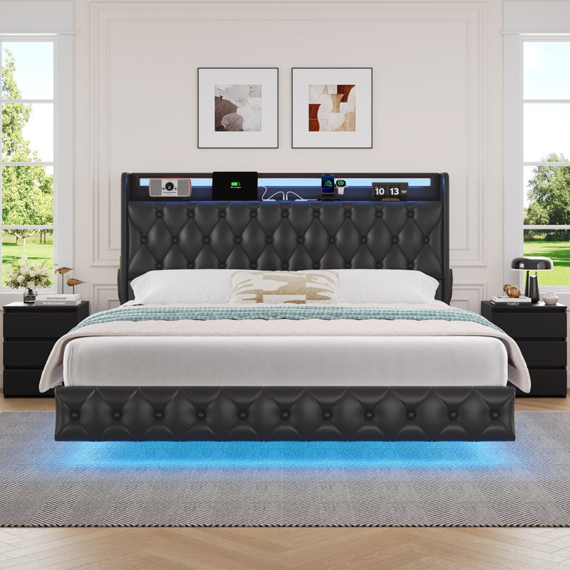 3-Piece Bedroom Sets, LED Floating Bed With Charging Port, 2  Nightstands, Queen, Black