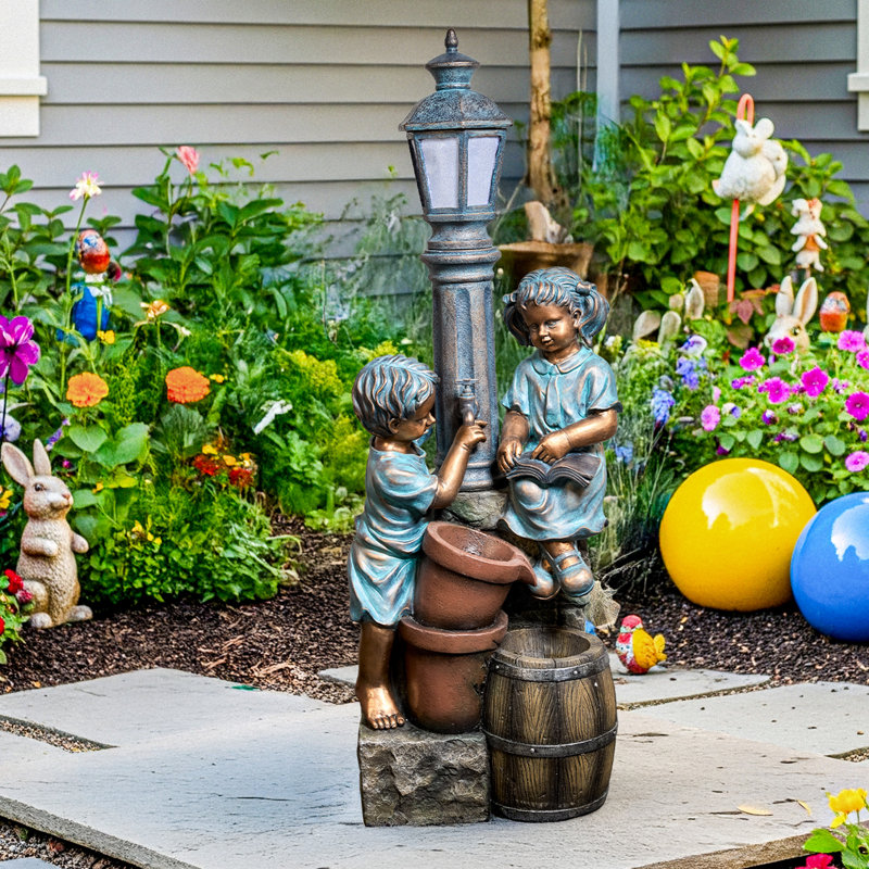 Outdoor Resin Water Fountain With LED Street Lamp & Children Statue, Garden Patio Decorative Water Feature