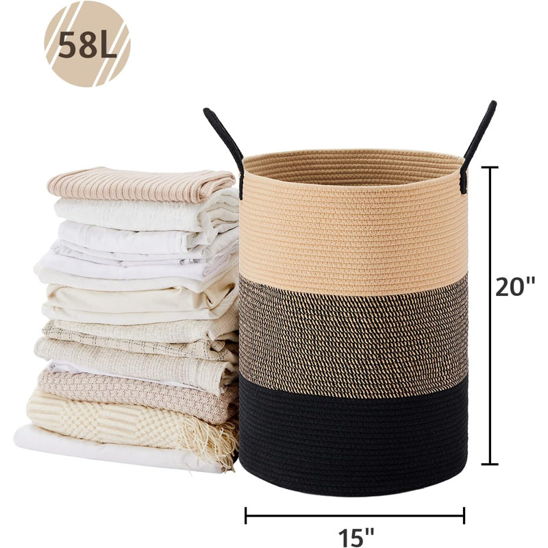 58L Tall Woven Laundry Basket Hamper, Cotton rope laundry hamper, collapsible wicker basket, Brown, Brown & Black
