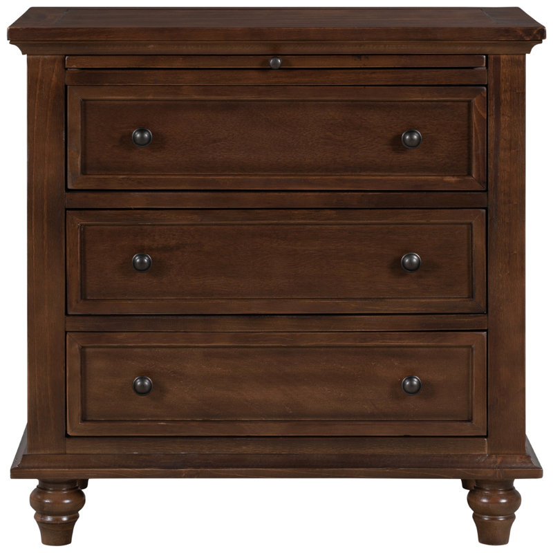 3-Drawer Storage Wood Cabinet, End Table With Pull Out Tray, Easy Assembly, Brown