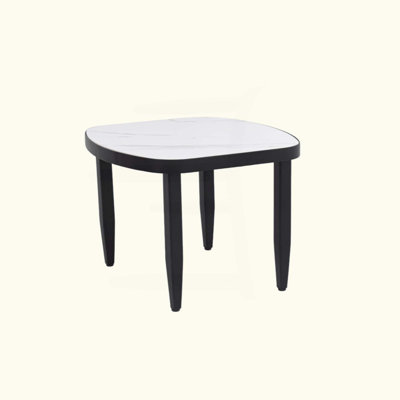Modern Outdoor Elegance Arc Side Table With Greek Marble-Inspired Sintered Stone Top, Aluminum Frame, Post Tapered Legs & Rounded Corners,Weatherproof & Rust-Free