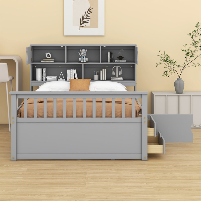 Structure de lit plateforme avec bibliothèques et tablettes de rangement, quatre tiroirs, Gris