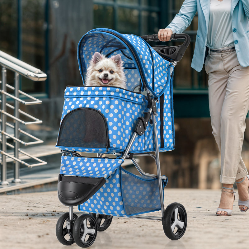 Sky Blue Polka Dot Foldable Pet Stroller with Storage