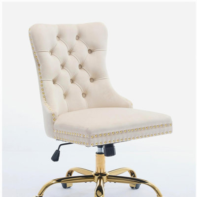 Chaise de bureau Furniture, fauteuil de bureau capitonné moderne en velours avec base en métal doré, chaise de bureau pivotante réglable (noir)