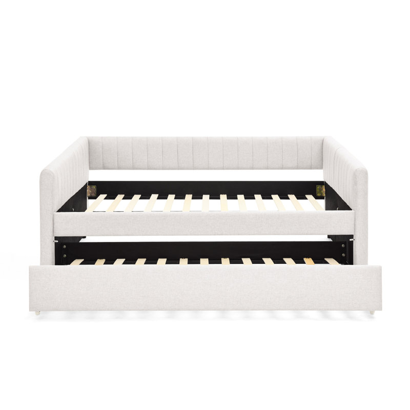 Lit de jour gigogne double en lin beige, conception à rayures verticales, facile à monter, parfait pour le linge de chambre, rembourré, assemblage simple,