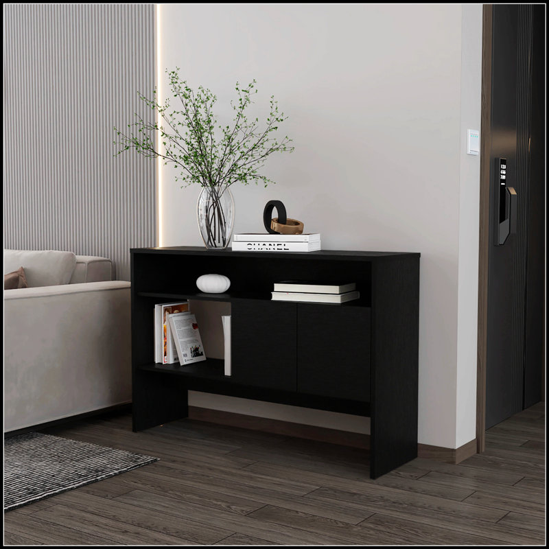 Élégante console noire avec deux portes, parfaite pour les espaces de vie organisés et sans encombrement.