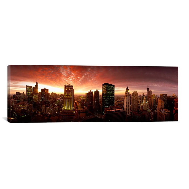 «Panoramic Sunset Cityscape Chicago IL USA» par Panoramic Images - Impression sur toile tendue sur châssis, Toile tendue