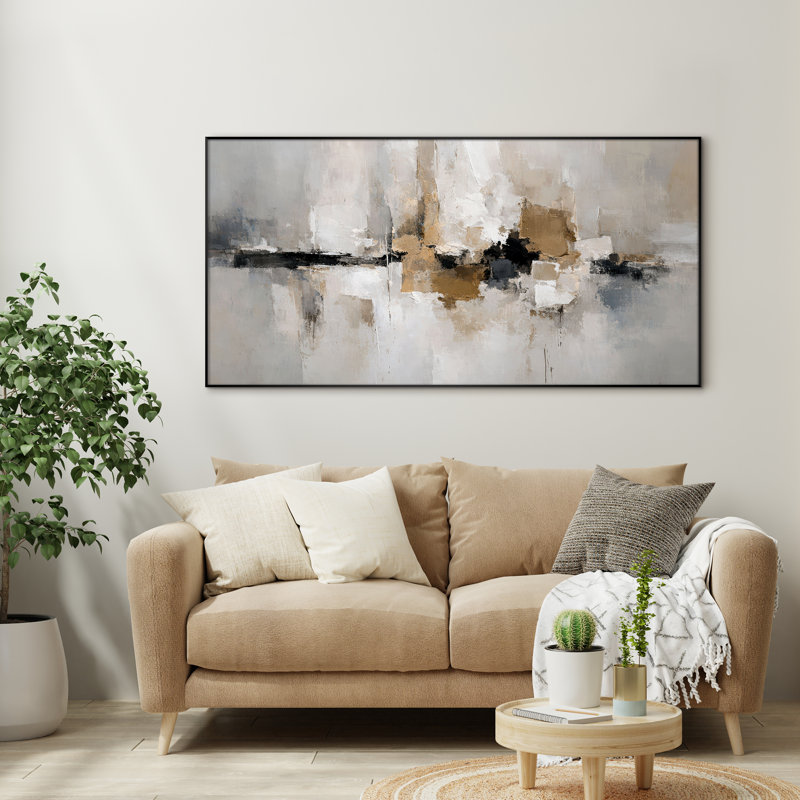 Très grand art mural imprimé sur toile - Horizon neutre abstrait doré, décor de salon contemporain - "Assemblage requis (cadre non fini)"