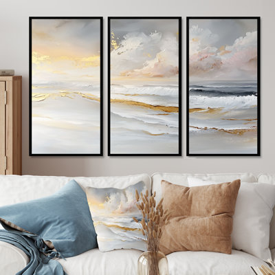 Minimalisme Pure Golden Beach Landscape III - art mural de plage pour le salon - ensemble de 3