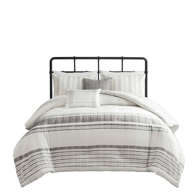 King/ King Cotton Duvet - White/Grey 5 Piece Pillows Button Closure Textured Woven Design No Harmful Substances Bedding Pieces Overlap Stripes Easy Care