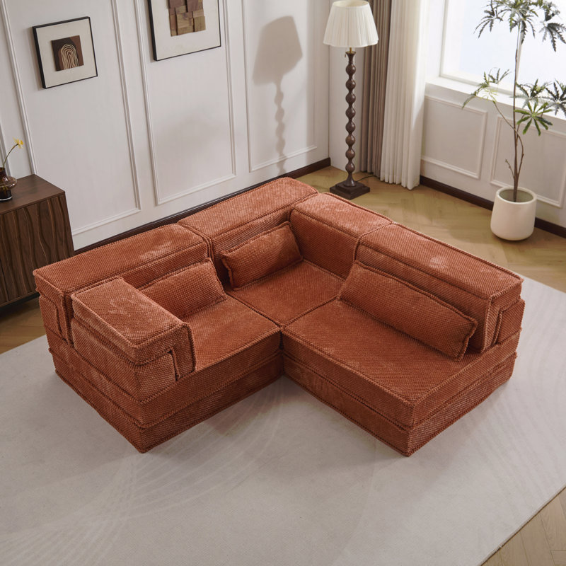 Compression Mahjong Sofa,Convertible Floor Sofa Bed,Diy Boneless Modular Sectional Sofa,No Assembly Required,Circle Fleece Fabric,Oversized 3 Seater With 3 Pillows,Orange
