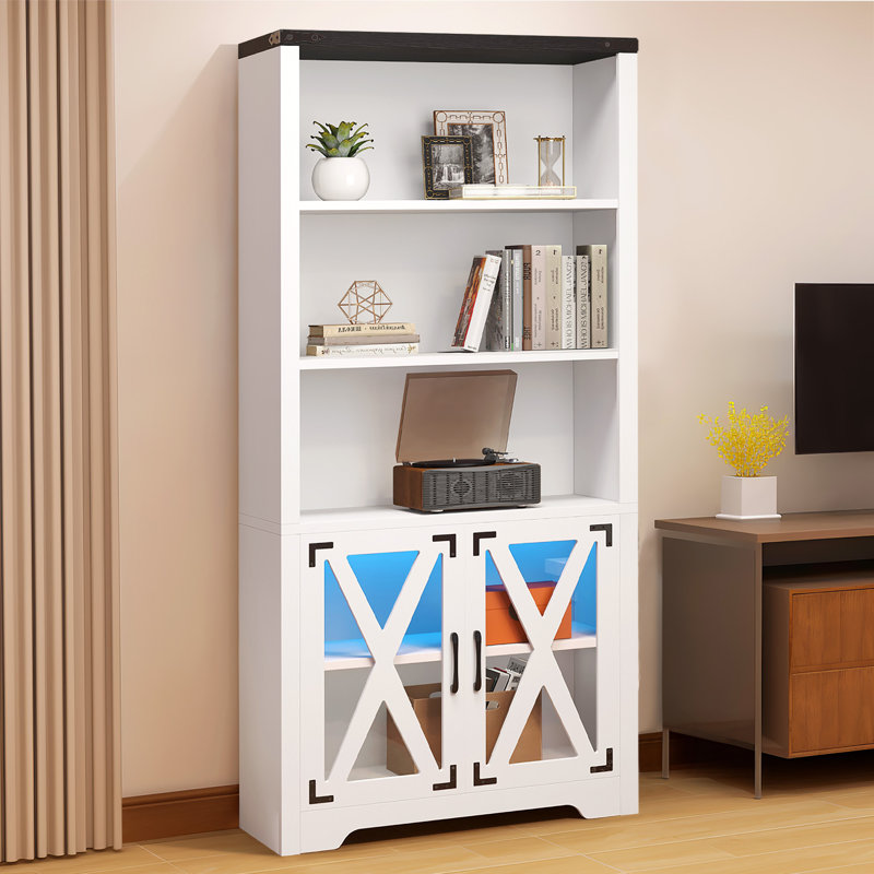 White Adjustable 5-Tier Bookcase with Doors and LED Light