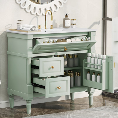 Meuble-lavabo vert 36 po avec lavabo, armoire autoportante, lavabo en céramique, tiroir rabattable, tablette réglable | Idée cadeau