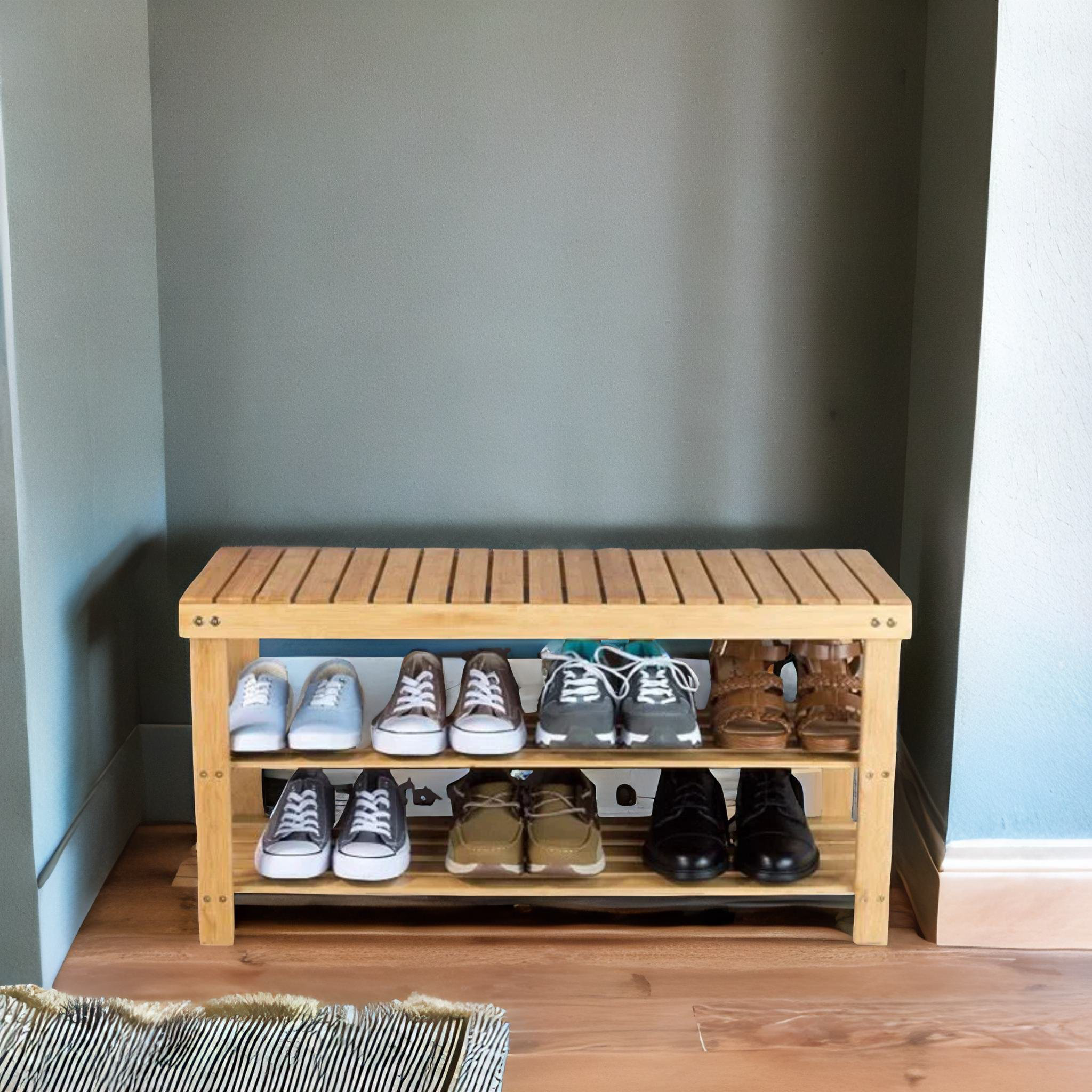 LoftDesigns Natural Bamboo Wooden Shoe Rack Bench with Storage