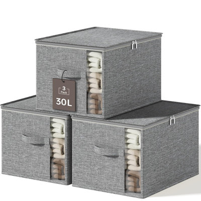 Foldable Fabric Clothes Storage Bins with Sturdy Frames, 30L Clothing Organizer Cubes with Lids and Zipper, Breathable Oxford Linen Closet Storage Bags for Sweaters, Blankets, Sheets, and Moving