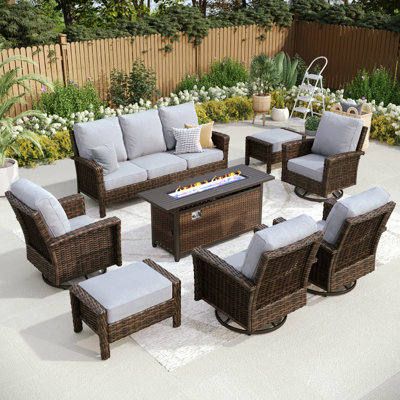 Premium All-weather Wicker 9 - Person Patio Conversation Sets With Fire Pit Table