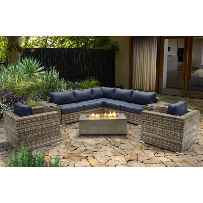 Lsi Fully Assembled 6 Person Seating Group With  Sunbrella Cushions And Concrete Firepit