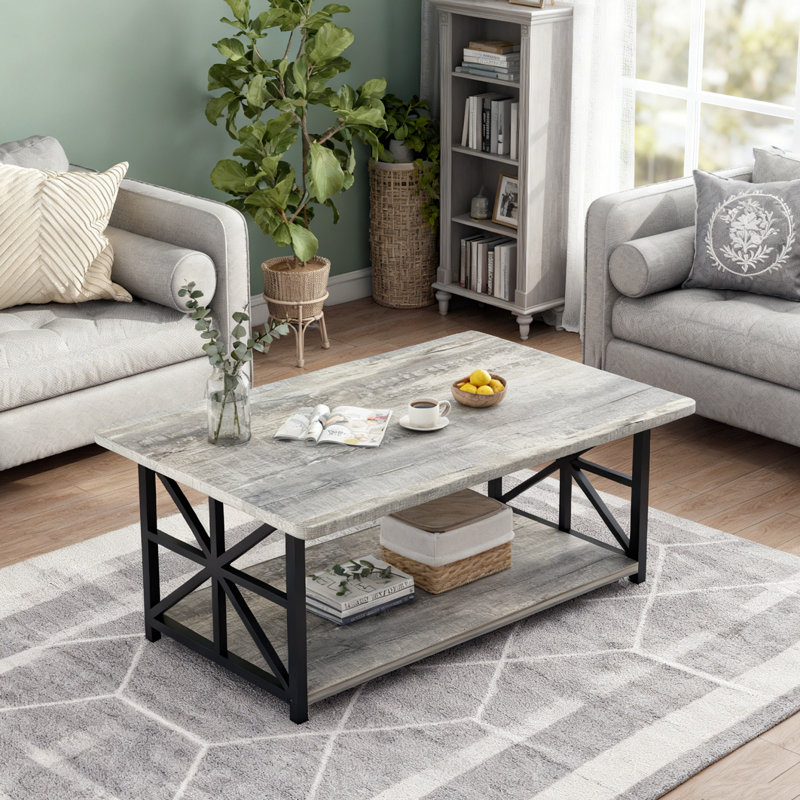 Coffee Table For Living Room, Modern 2-Tier Round Corners Center Table With Storage, Rectangular Living Room Table With Sturdy Metal Frame For Sofa Home Office