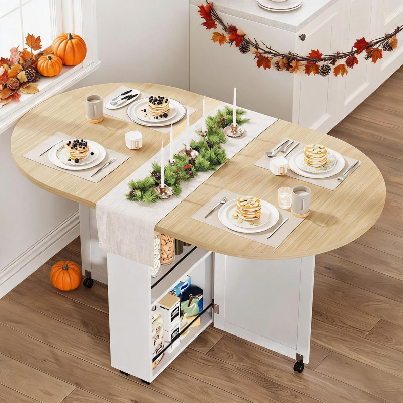 Table de salle à manger pliante 3 en 1 avec rangement - Table de cuisine ovale extensible de 51 pouces sur roulettes verrouillables - Casier à vin, tiroir et étagères - Gain de place pour les petits espaces.