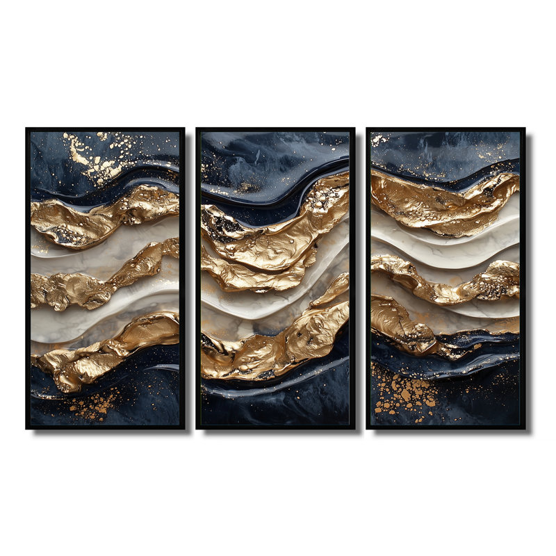 Éclipse dorée sur des vagues dansantes de marbre IV - réalisme abstrait, art mural - ensemble de 3, H 28 po x l 36 po, Noir