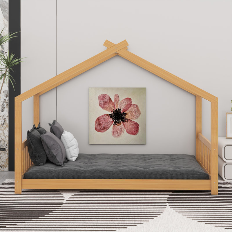 Structure de lit en bois avec clôture en bois, tête de lit et tête de lit, Naturel