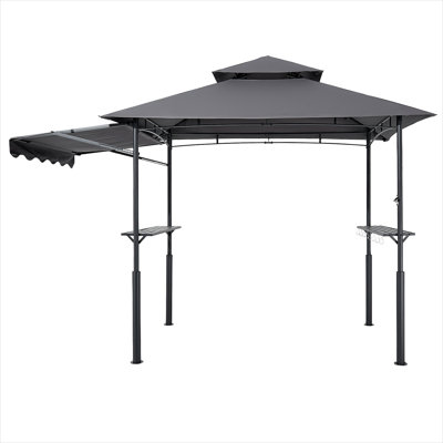 Grill Gazebo, 8 x 5 ft Double-Tiered Top, Reinforced BBQ Gazebo with Extra Awning, Powder-Coated Steel Patio Grill Shelter with 2 Side Shelves & Hooks, Outdoor Grilling Canopy for Garden