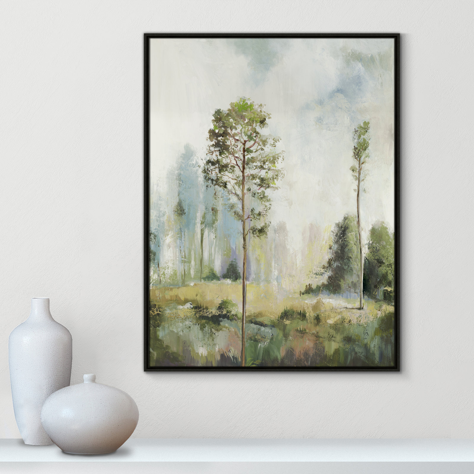 Tall Green Trees I by Teton Pearce - Floater Frame Print on Canvas, 41.5" H x 31.5" W, Espresso