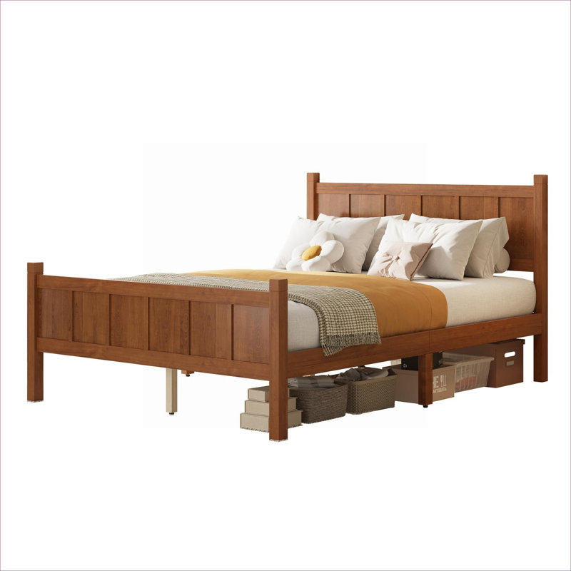 Lit plateforme en bois massif Shaker de style campagne avec rangement généreux sous le lit, finition brune