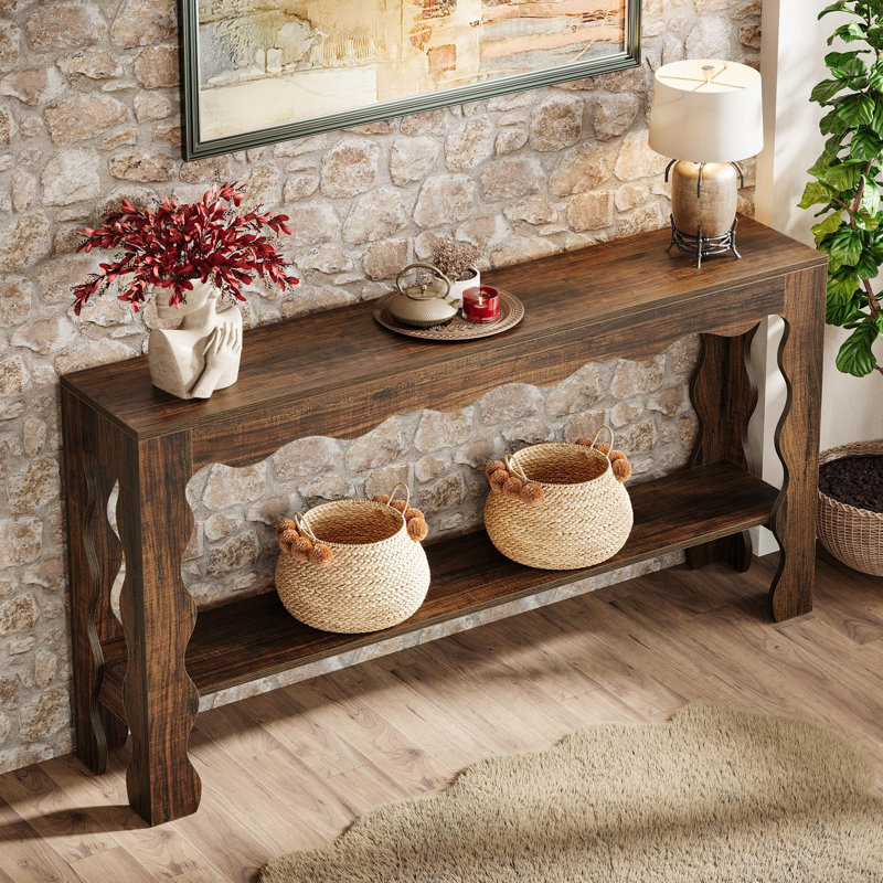 63" Console Table with Curved Legs, 2-Tier, Dark Brown