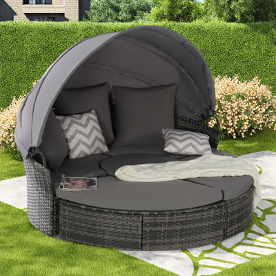 5 Pieces Outdoor Patio Round Daybed Furniture,Wicker Conversation Set With Retractable Canopy, Soft Cushions, And Storable Table For Leisure In Porch Backyard