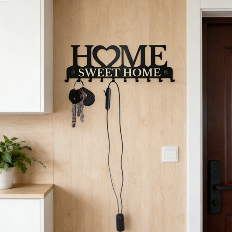 Black Sweet Home Entryway Key Holder With 5 Hooks - 9" Metal Wall Mounted Key Rack, Decorative Wall Organizer For Keys/Bags/Leashes, For Entryway/Mudroom/Hallway