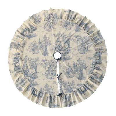 100% Cotton Blue & White Toile Christmas Tree Skirt with Ruffle Trim