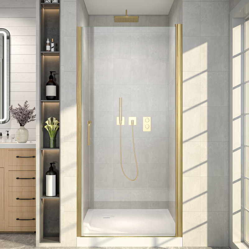 Porte de douche à pivot demi-cadre avec verre transparent de 34 à 36 po de largeur x 72 po de hauteur, Brushed Gold