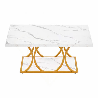 Coffee Table, Modern Faux Marble Coffee Table, Large 2-Tier Rectangle Center Desk with Geometric Legs, Minimalist Sturdy Metal Frame Accent End Desk for Living Room, Office, Easy Assembly, White