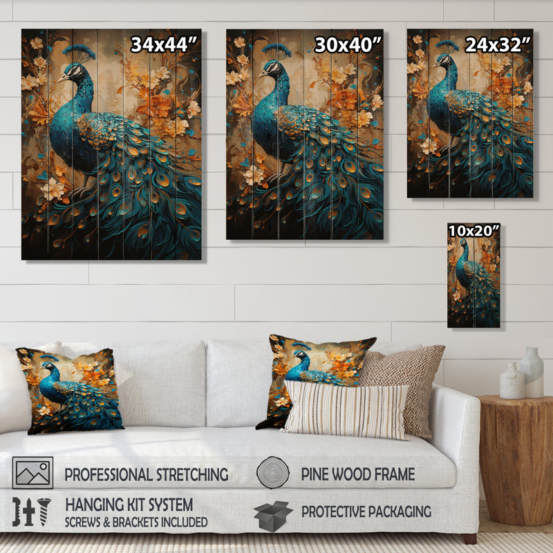 Impression de gouttes de paon bleu sarcelle et émeraude sur bois naturel, H 40 po x l 30 po x P 0,78 po