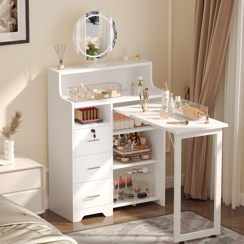 Table à ongles pliante en L, bureau à clous avec station de charge intégrée, support de rangement à 5 niveaux et 3 tiroirs, bureau de manucure professionnel pour salon, spa ou maison, poste de travail peu encombrant, blanc