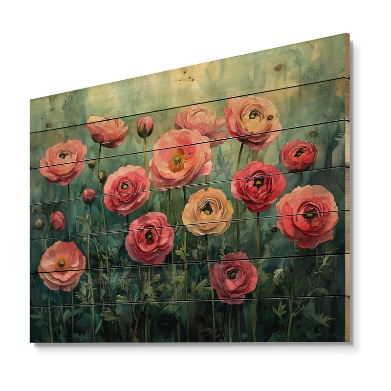 Summer Symphony Of Ranunculus Field II - Ranunculus Wood Wall Art - On Natural Pine Wood, 34" H x 44" W x 0.78" D