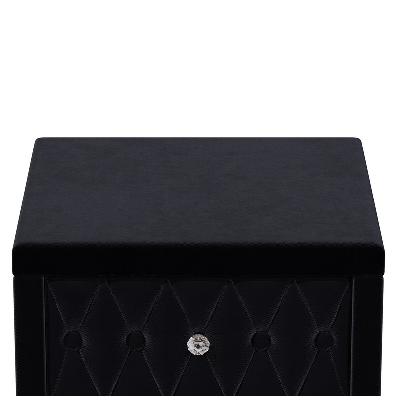 Élégante table de chevet en velours avec 2 tiroirs et poignée en cristal, table de chevet avec capitonnage à boutons, noir
