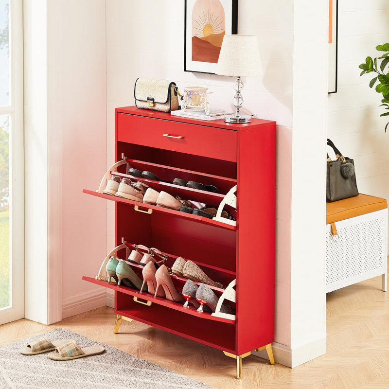 Armoire de rangement pour chaussures pour le vestibule - 2 tiroirs rabattables, étagère cachée, rouge, espace